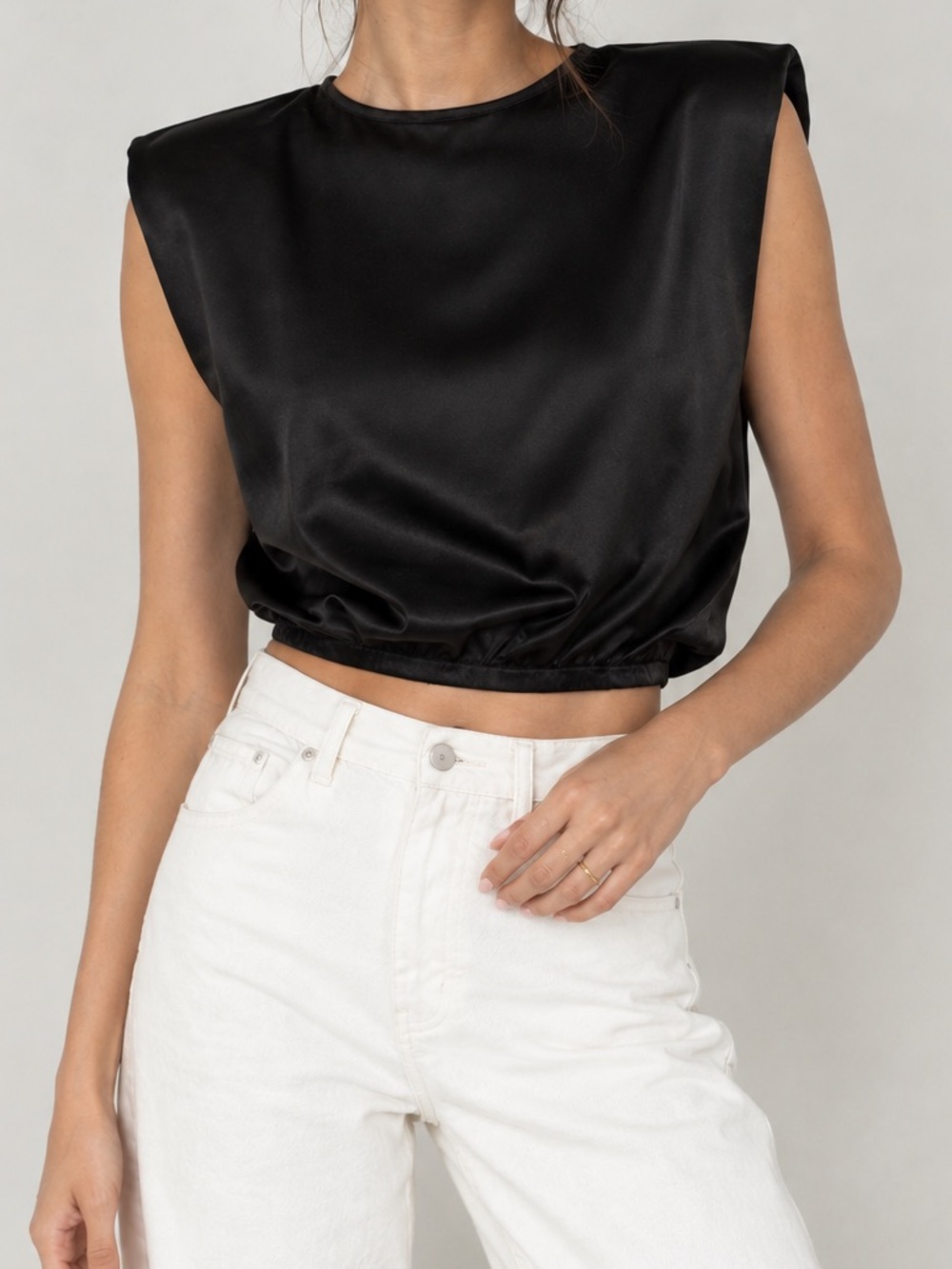Zara Black Satin Padded-Shoulder Crop Top